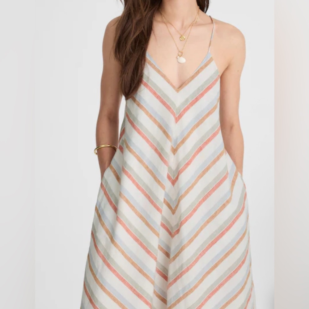 Madewell Striped V-Neck Midi Dress in White 100% Linen Sz. S $158 NV472 NEW
